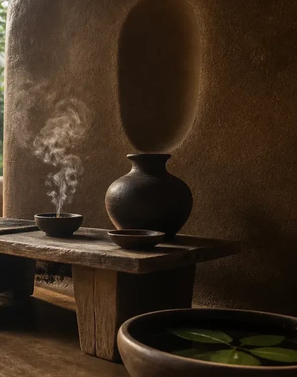 Clay vessels and incense in soft light