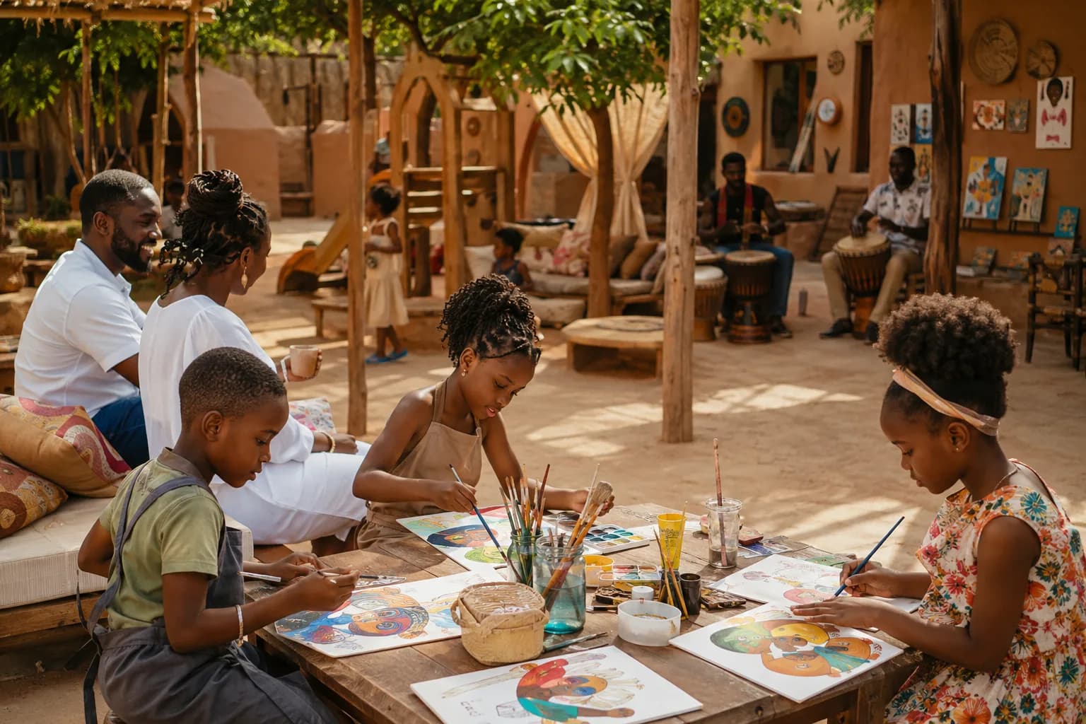 Children painting with family nearby