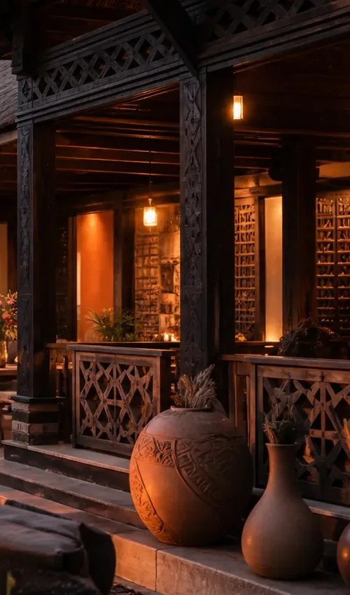 Carved timber architecture in warm evening light