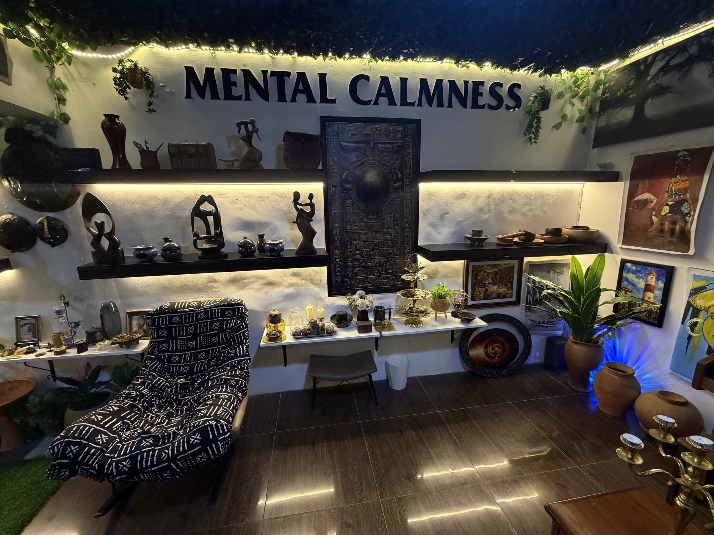 Warm showroom interior beneath the Mental Calmness wall text