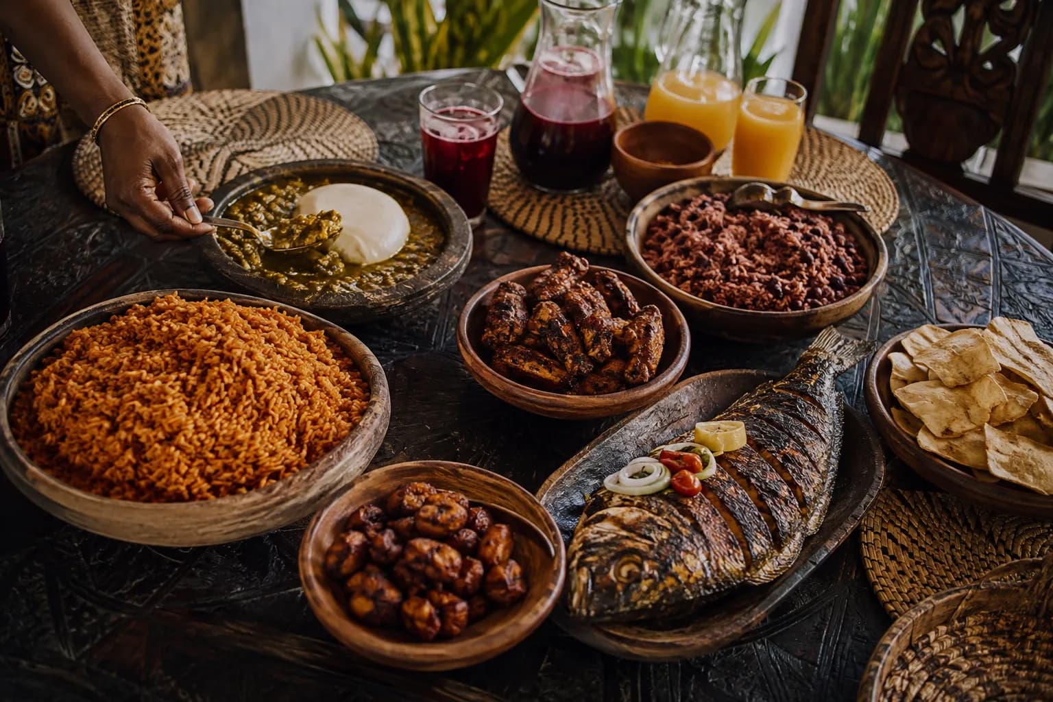 A generous table of Ghanaian dishes and local drinks